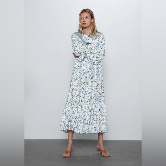 Zara smocked embroidered Floral Blue and White Maxi Dress - Picture 3 of 8